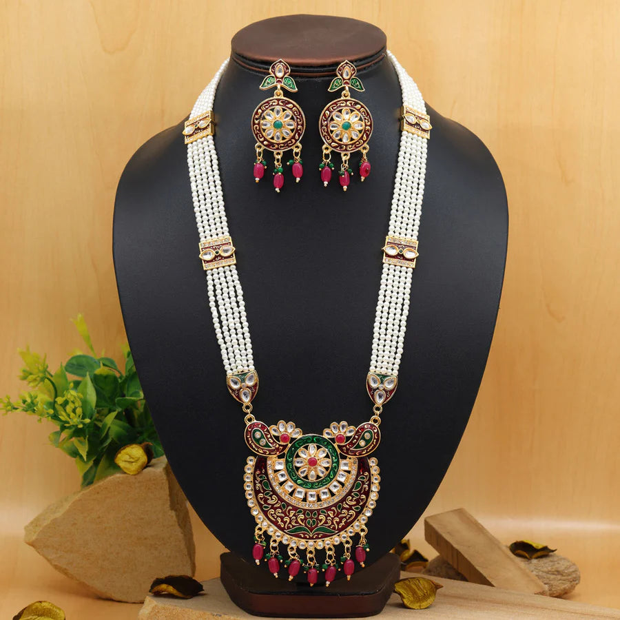 Maroon & Green Color Meena Work Rajputi Jewellery Rani Haar (PN787MG)