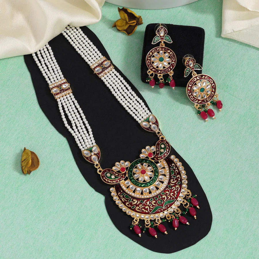 Maroon & Green Color Meena Work Rajputi Jewellery Rani Haar (PN787MG)