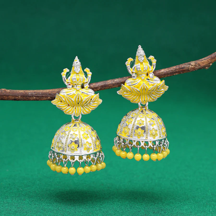 Yellow Color Goddess Laxmi Temple Mint Meena Earrings (MNTE469YLW)