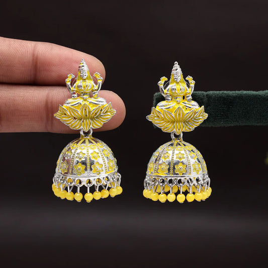 Yellow Color Goddess Laxmi Temple Mint Meena Earrings (MNTE469YLW)