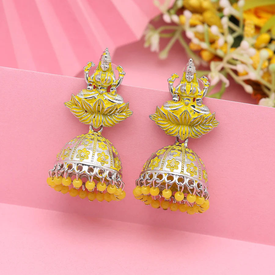 Yellow Color Goddess Laxmi Temple Mint Meena Earrings (MNTE469YLW)